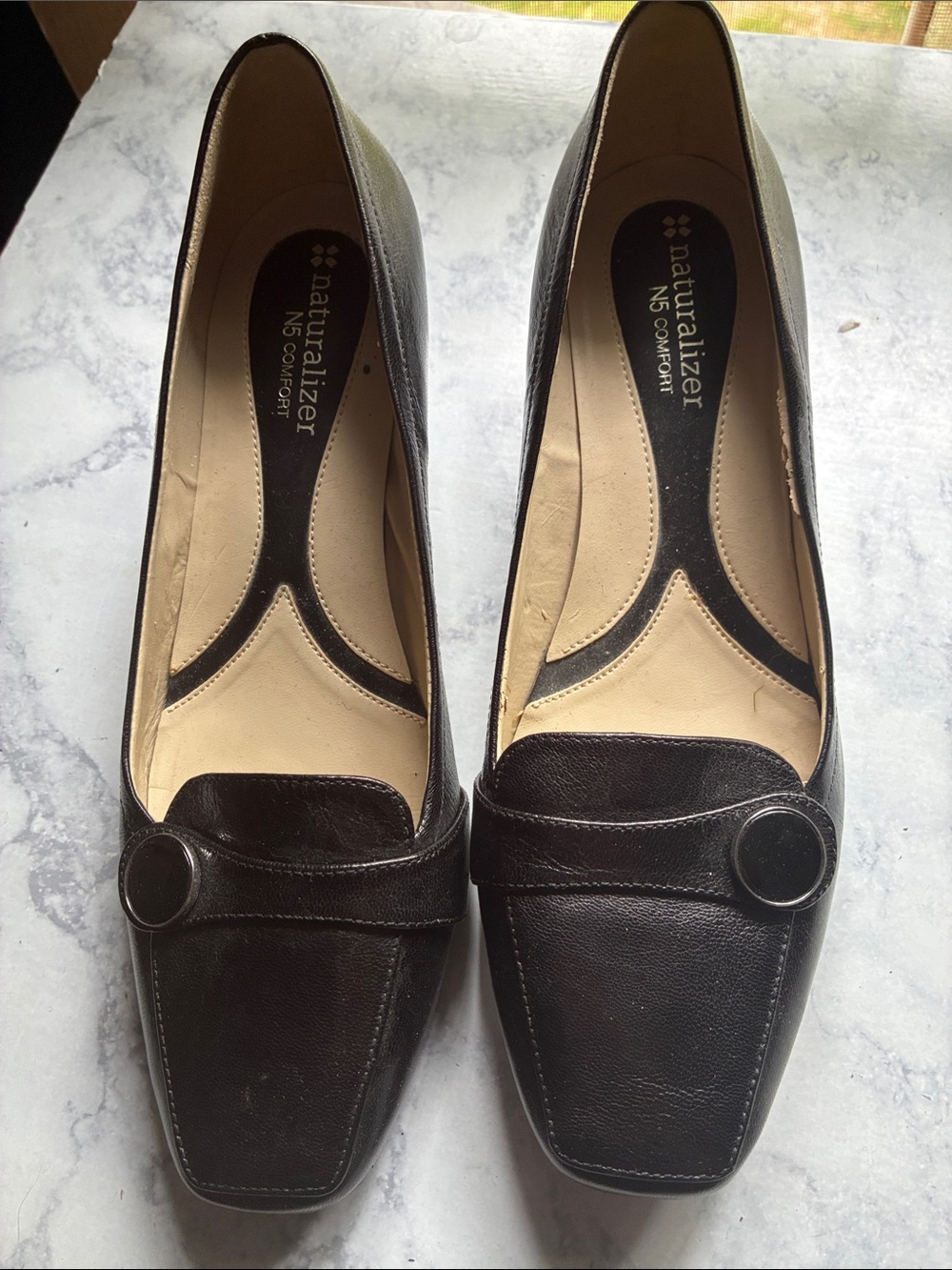 Naturalizer Black Leather Square-Toe Loafers with Button Accent